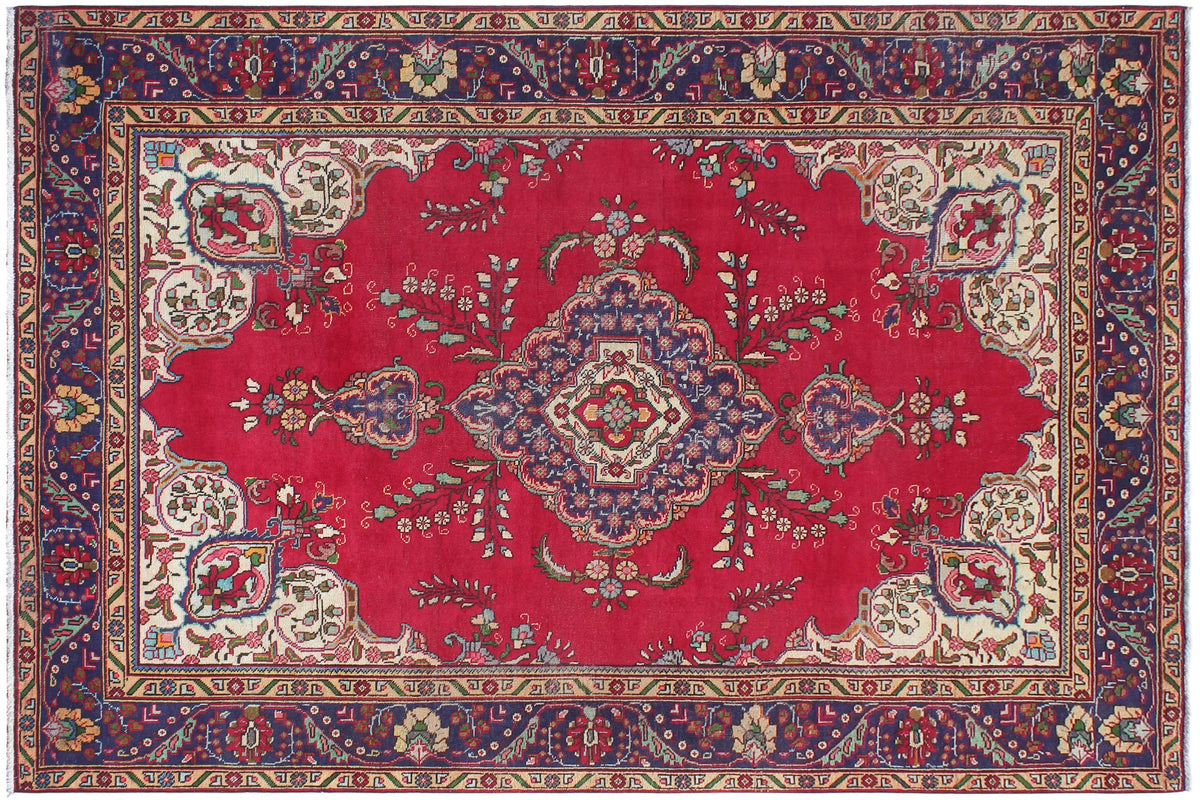 handmade Vintage Tabriz Red Blue Hand Knotted RECTANGLE 100% WOOL area rug 7' x 9'