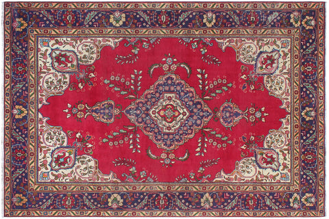 handmade Vintage Tabriz Red Blue Hand Knotted RECTANGLE 100% WOOL area rug 7' x 9'