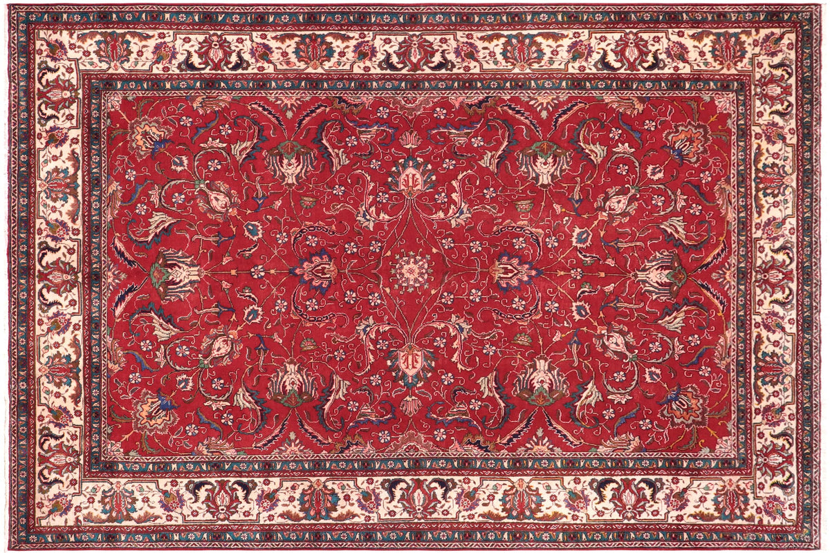 handmade Vintage Tabriz Red Beige Hand Knotted RECTANGLE 100% WOOL area rug 9' x 12'