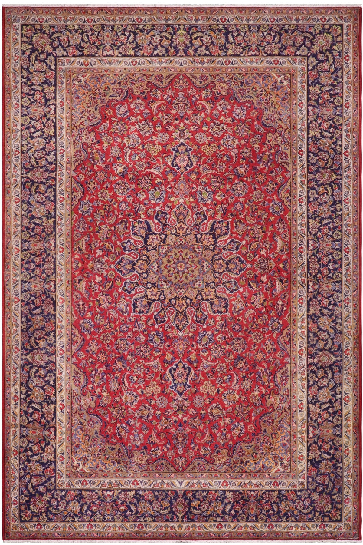 Vintage Antique Kashan Dixon Red/Blue Wool Rug - 9'6''X13'8''