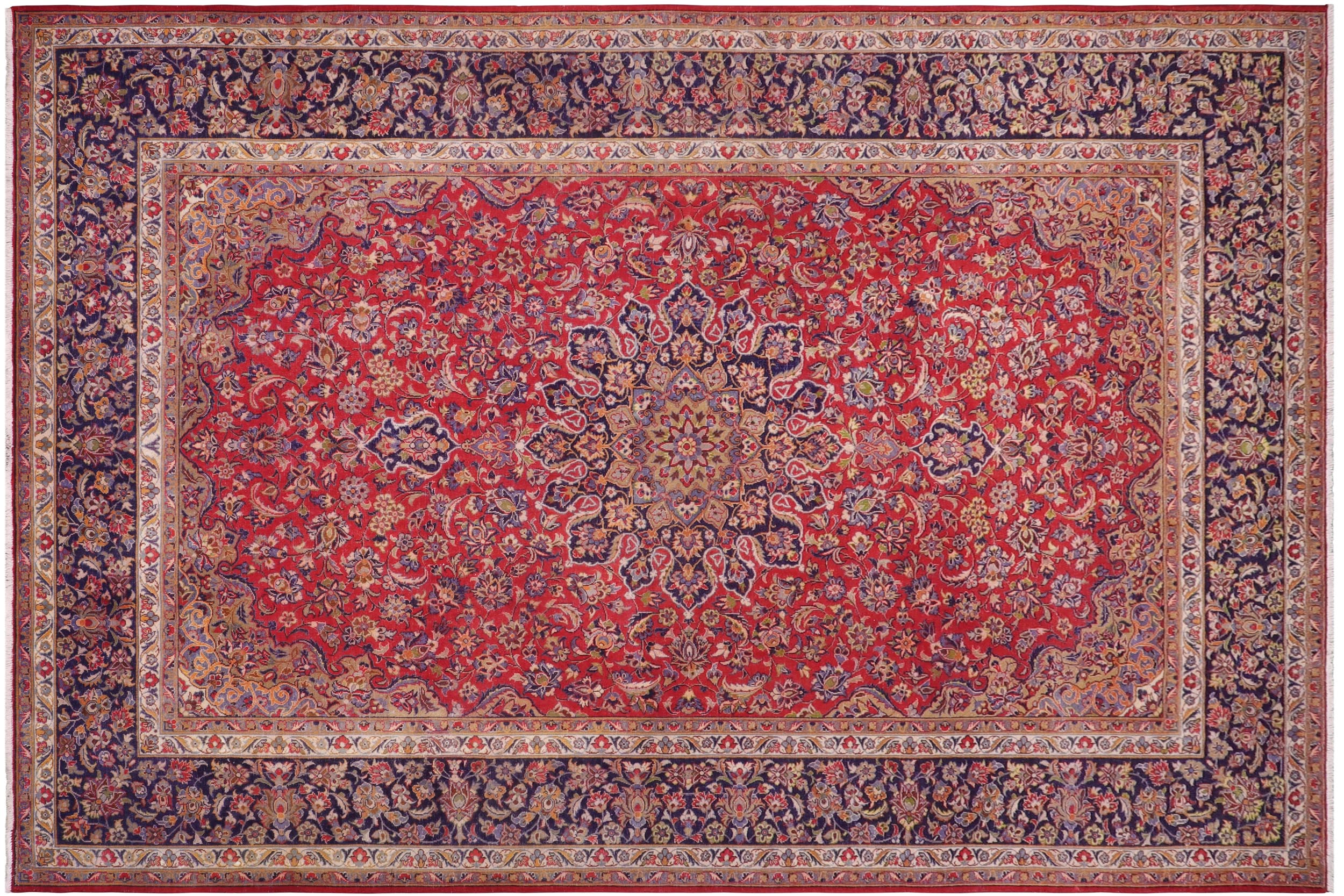 handmade Vintage Kashan Red Blue Hand Knotted RECTANGLE 100% WOOL area rug 10' x 14'