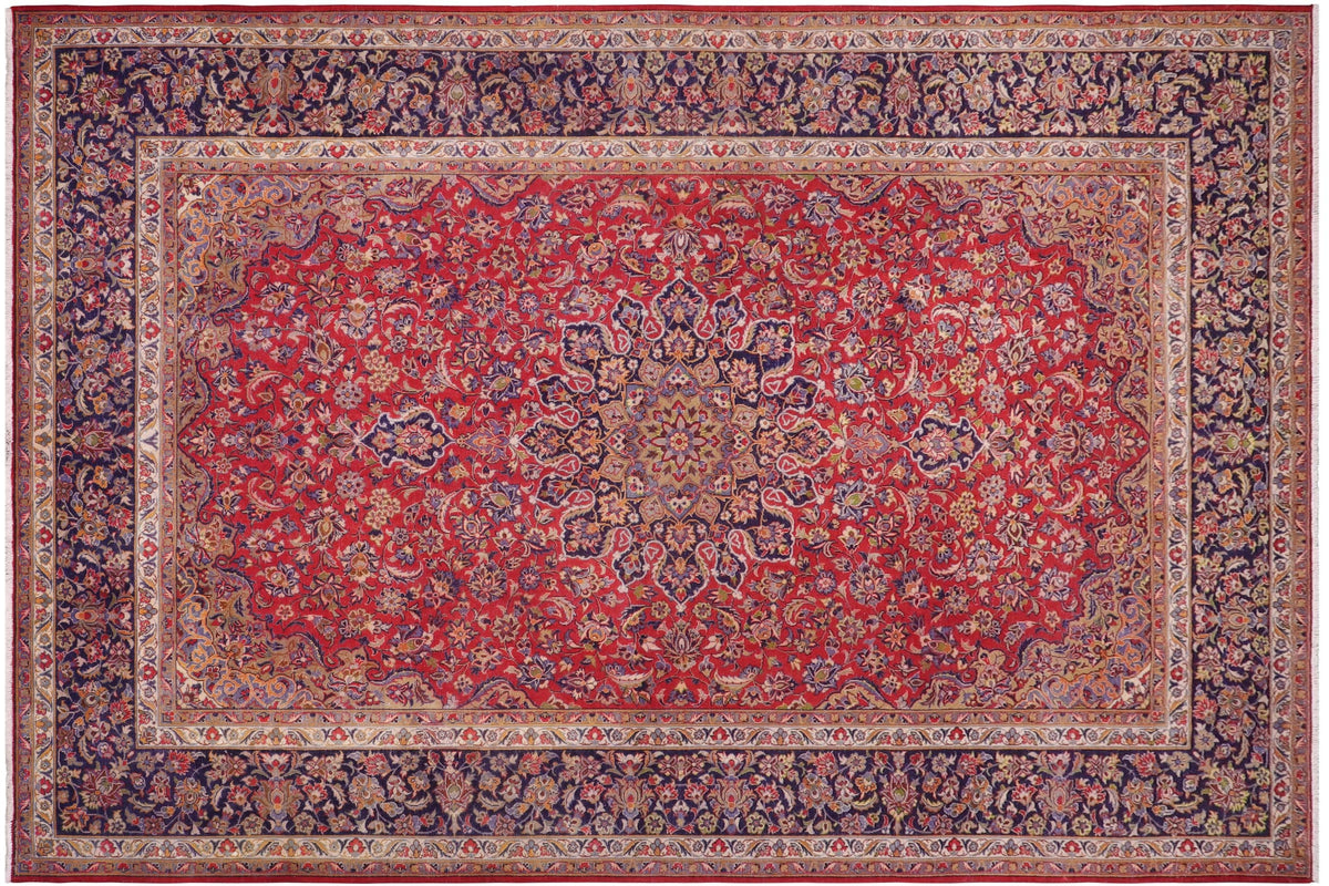 handmade Vintage Kashan Red Blue Hand Knotted RECTANGLE 100% WOOL area rug 10' x 14'