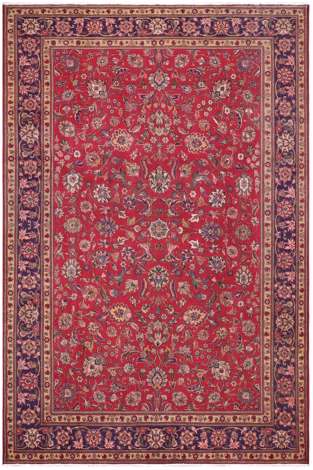 Vintage Antique Kashan Rowe Red/Blue Wool Rug - 8'7''X12'7''