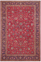 Vintage Antique Kashan Rowe Red/Blue Wool Rug - 8'7''X12'7''