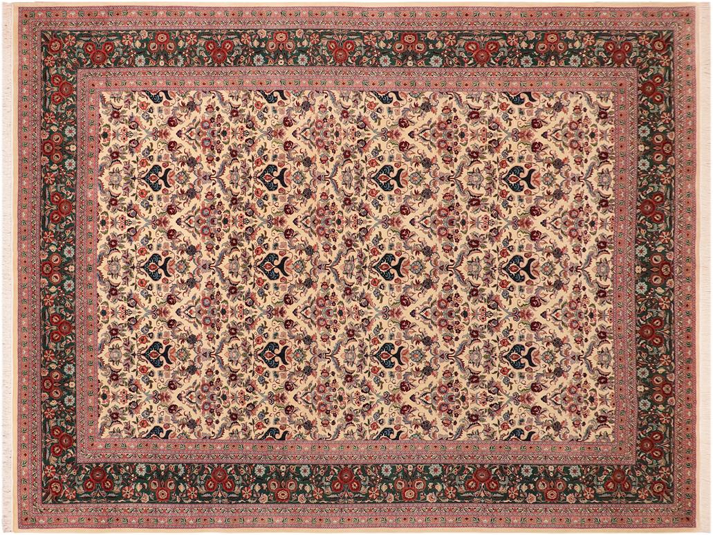 handmade Traditional Kazveen Ivory Green Hand Knotted RECTANGLE 100% WOOL area rug 10x14