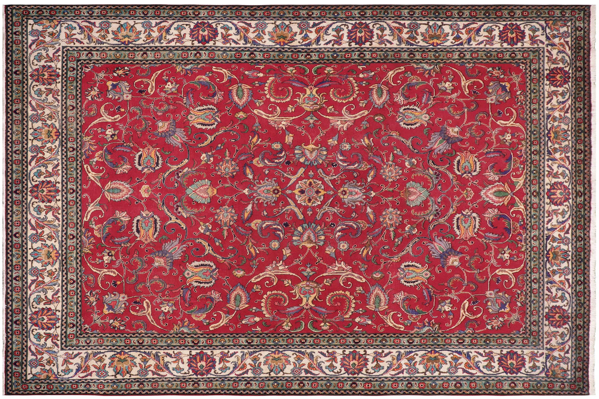 handmade Vintage Tabriz Red Beige Hand Knotted RECTANGLE 100% WOOL area rug 10' x 13'