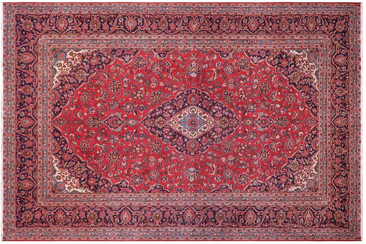 handmade Vintage Kashan Red Blue Hand Knotted RECTANGLE 100% WOOL area rug 9' x 13'