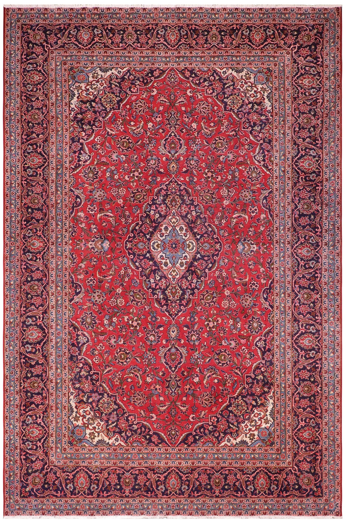 Distressed Antique Kashan Carroll Red/Blue Wool Rug - 9'3''X13'1''