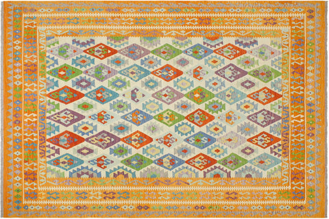handmade Geometric Kilim Beige Orange Hand-Woven RECTANGLE 100% WOOL area rug 8 x 10