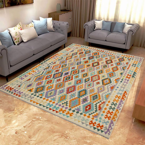 handmade Geometric Kilim Beige Rust Hand-Woven RECTANGLE 100% WOOL area rug 8 x 10