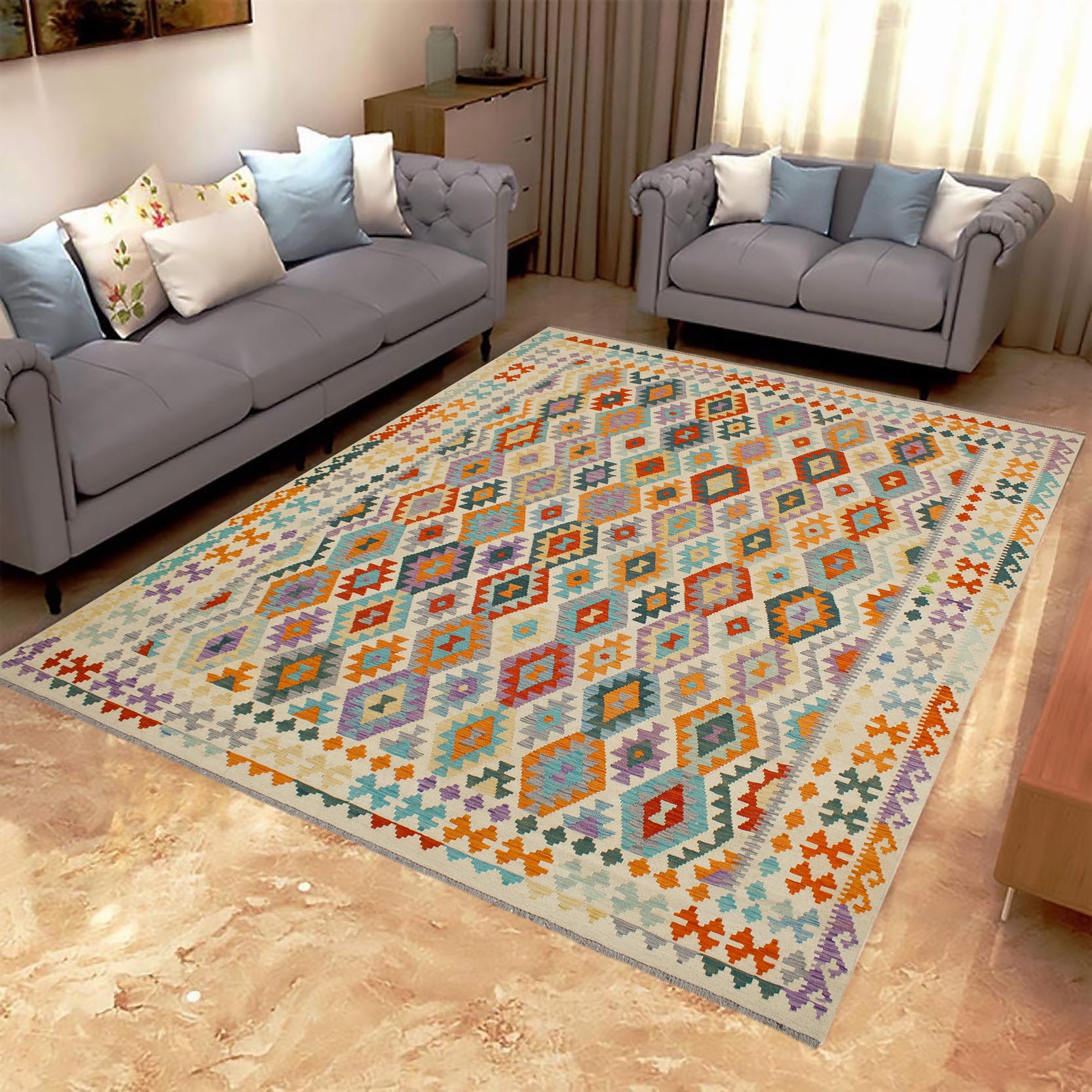 handmade Geometric Kilim Beige Rust Hand-Woven RECTANGLE 100% WOOL area rug 8 x 10