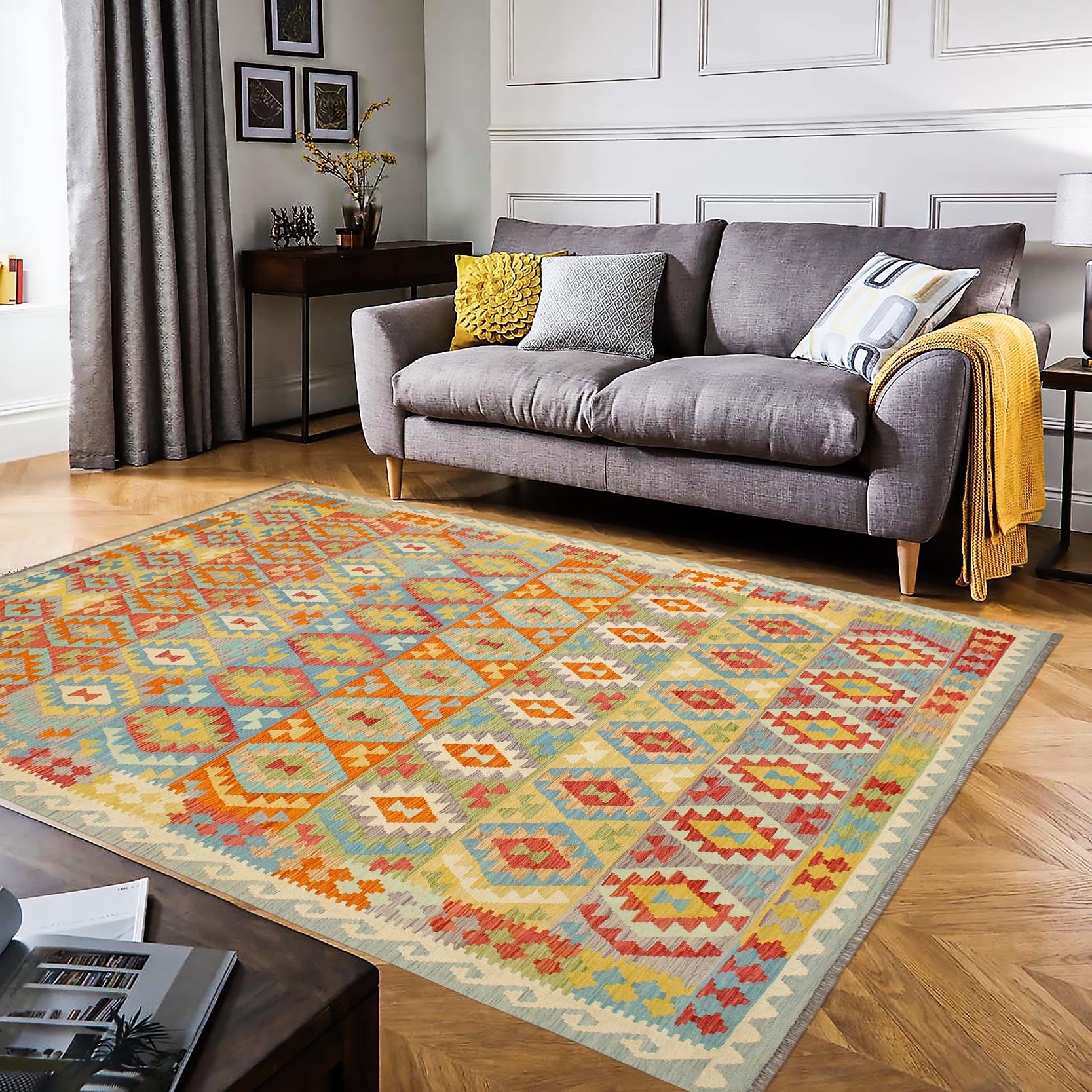 handmade Geometric Kilim Blue Rust Hand-Woven RECTANGLE 100% WOOL area rug 8 x 10