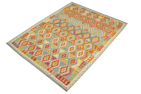 handmade Geometric Kilim Blue Rust Hand-Woven RECTANGLE 100% WOOL area rug 8 x 10