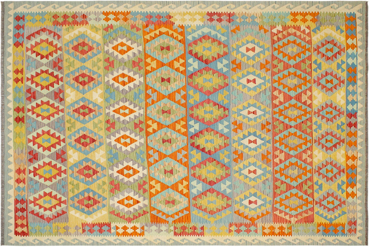 handmade Geometric Kilim Blue Rust Hand-Woven RECTANGLE 100% WOOL area rug 8 x 10