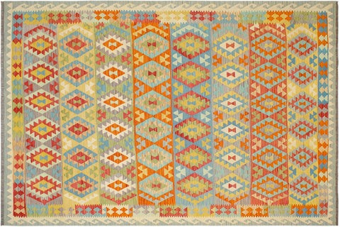 handmade Geometric Kilim Blue Rust Hand-Woven RECTANGLE 100% WOOL area rug 8 x 10