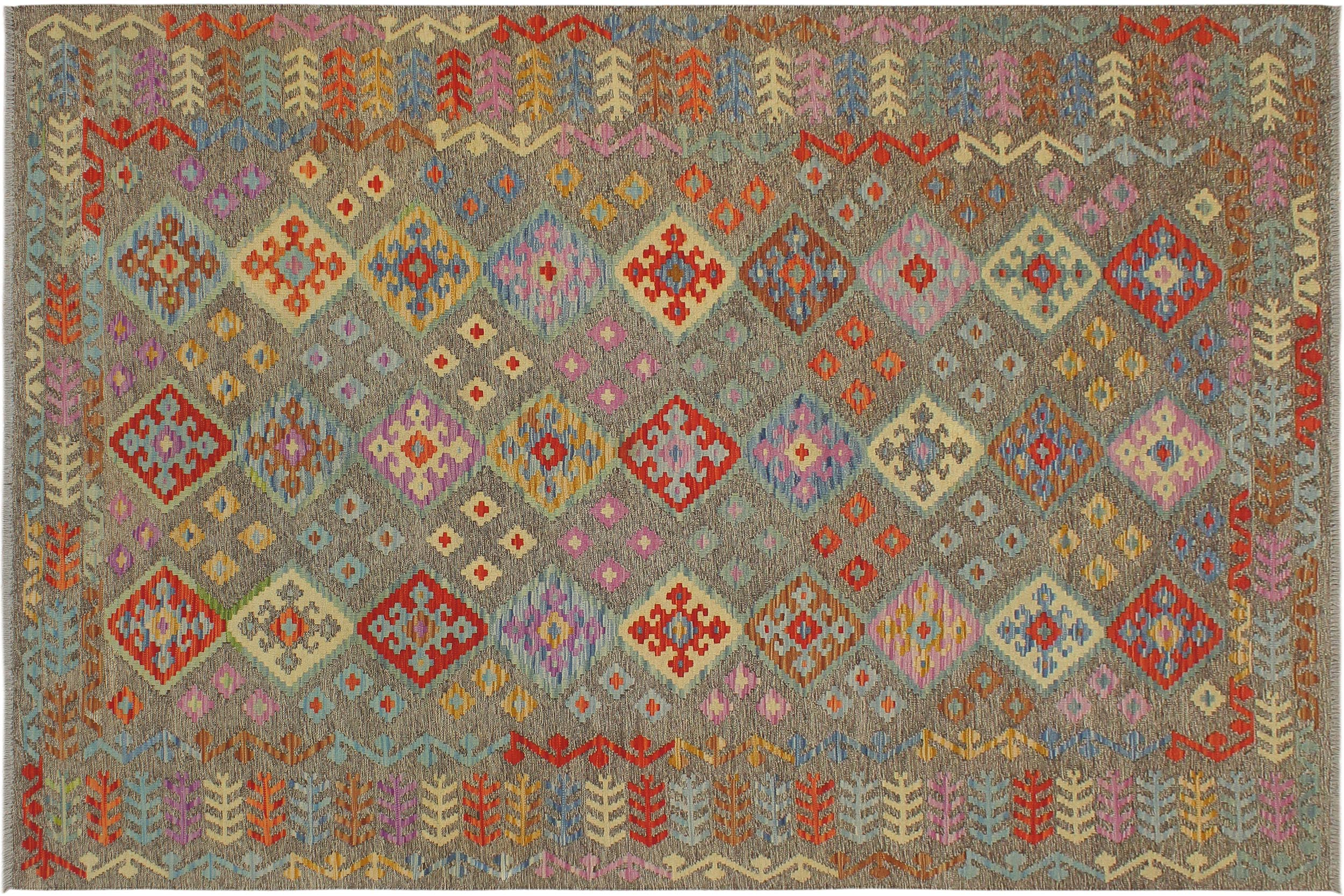 handmade Geometric Kilim Brown Rust Hand-Woven RECTANGLE 100% WOOL area rug 7 x 10