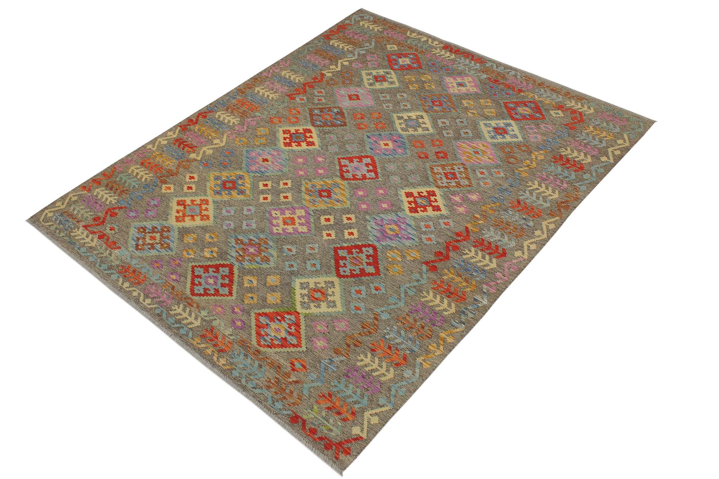 handmade Geometric Kilim Brown Rust Hand-Woven RECTANGLE 100% WOOL area rug 7 x 10