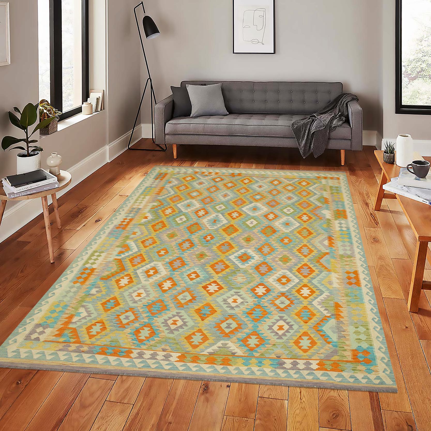 handmade Geometric Kilim Blue Rust Hand-Woven RECTANGLE 100% WOOL area rug 9 x 12