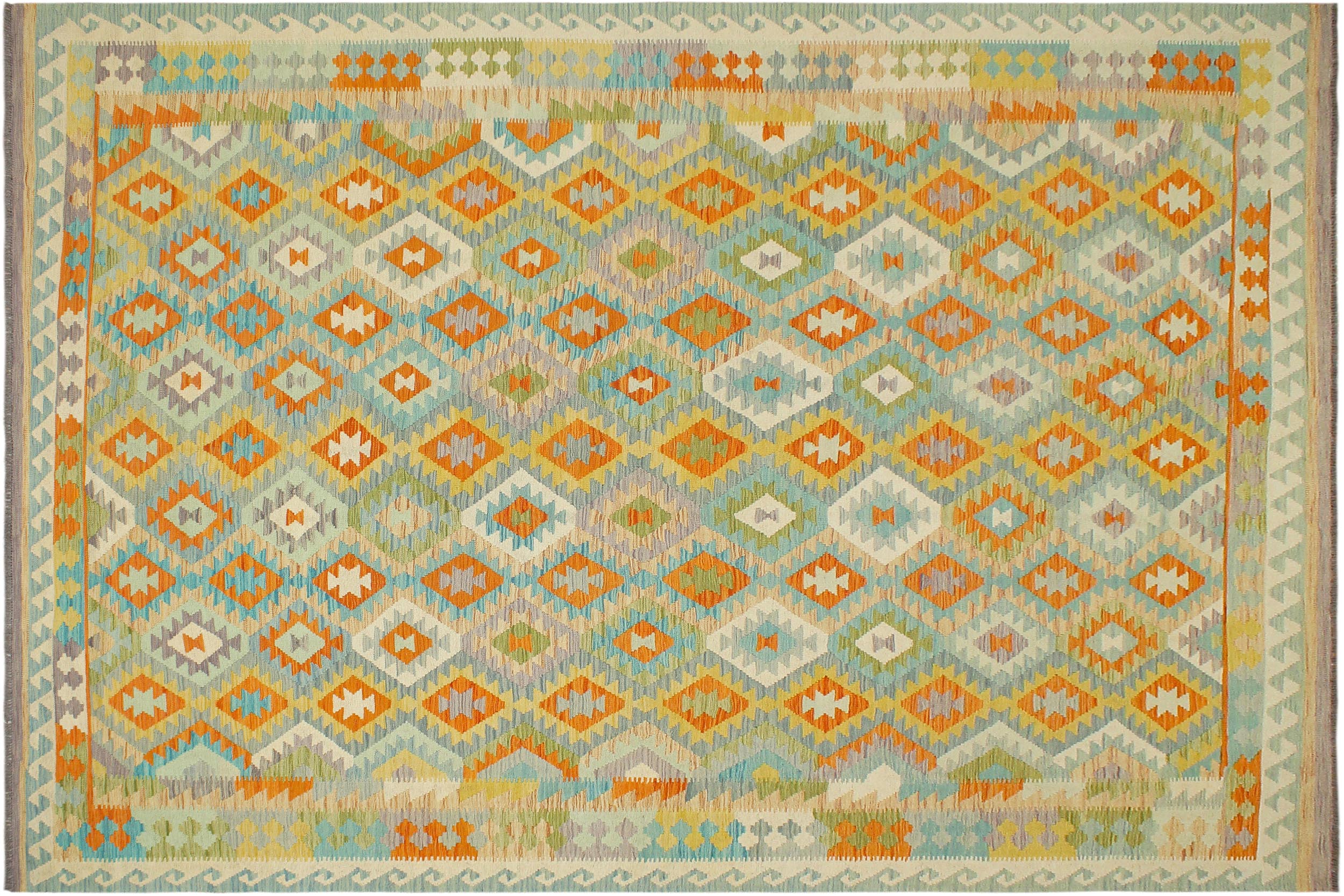 handmade Geometric Kilim Blue Rust Hand-Woven RECTANGLE 100% WOOL area rug 9 x 12