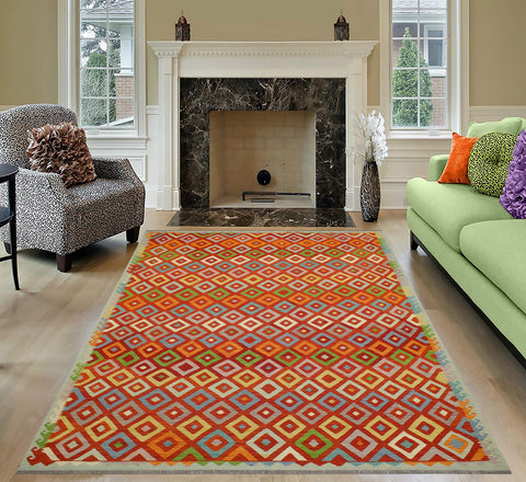 handmade Modern Kilim Rust Blue Hand-Woven RECTANGLE 100% WOOL area rug 8x11