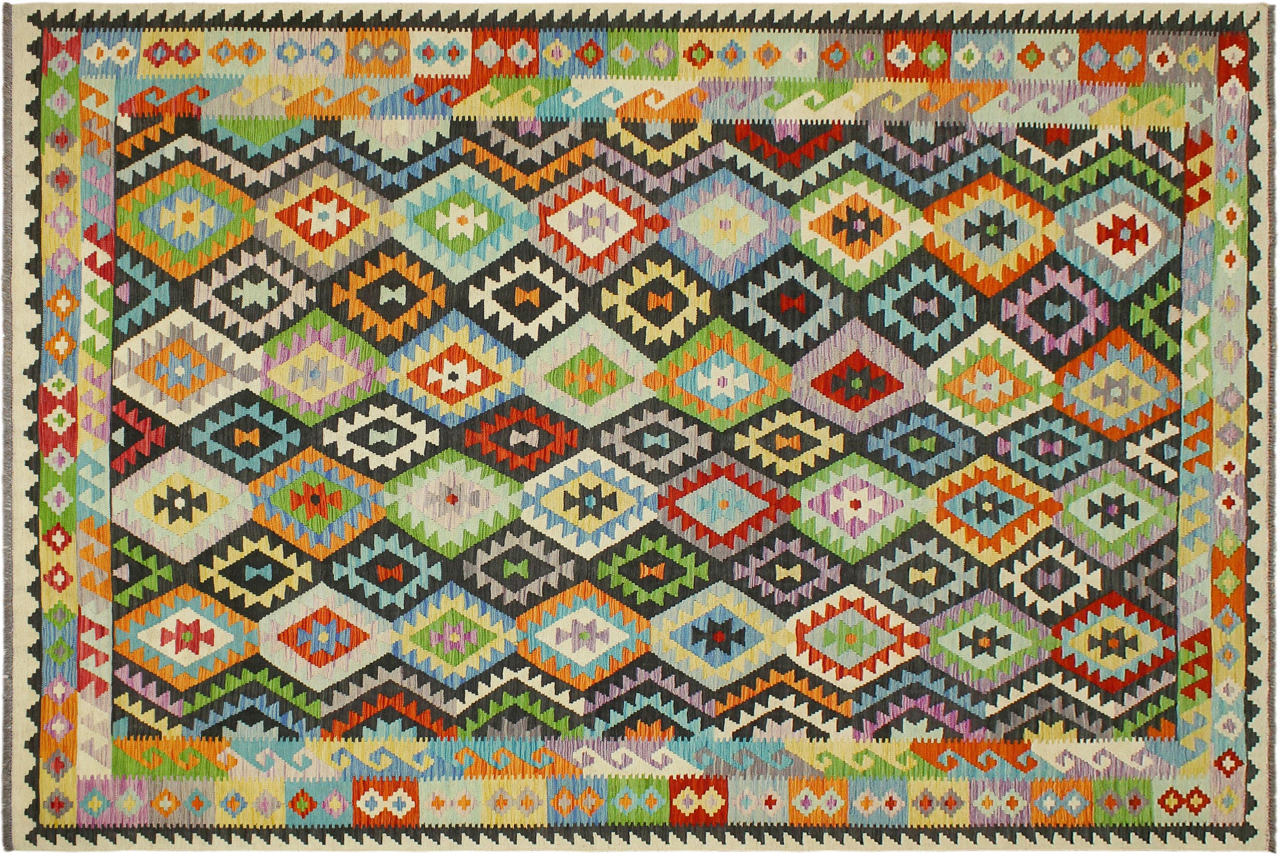 handmade Geometric Kilim Black Rust Hand-Woven RECTANGLE 100% WOOL area rug 8 x 11