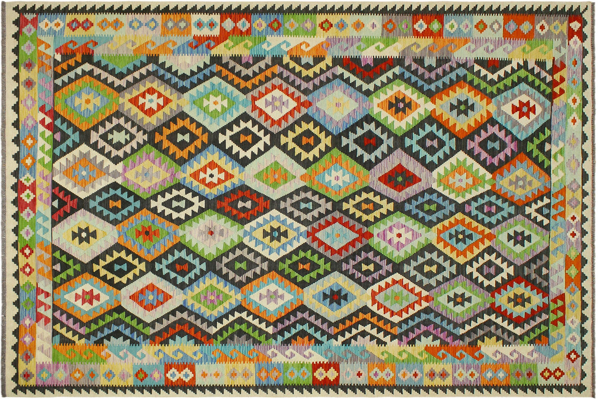 handmade Geometric Kilim Black Rust Hand-Woven RECTANGLE 100% WOOL area rug 8 x 11