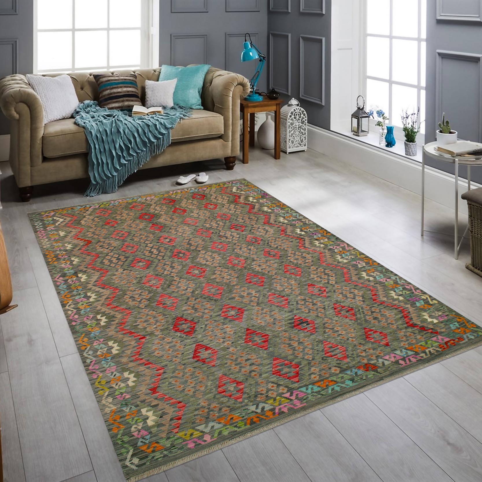 handmade Geometric Kilim Green Red Hand-Woven RECTANGLE 100% WOOL area rug 8 x 12