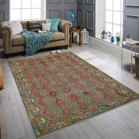 handmade Geometric Kilim Green Red Hand-Woven RECTANGLE 100% WOOL area rug 8 x 12