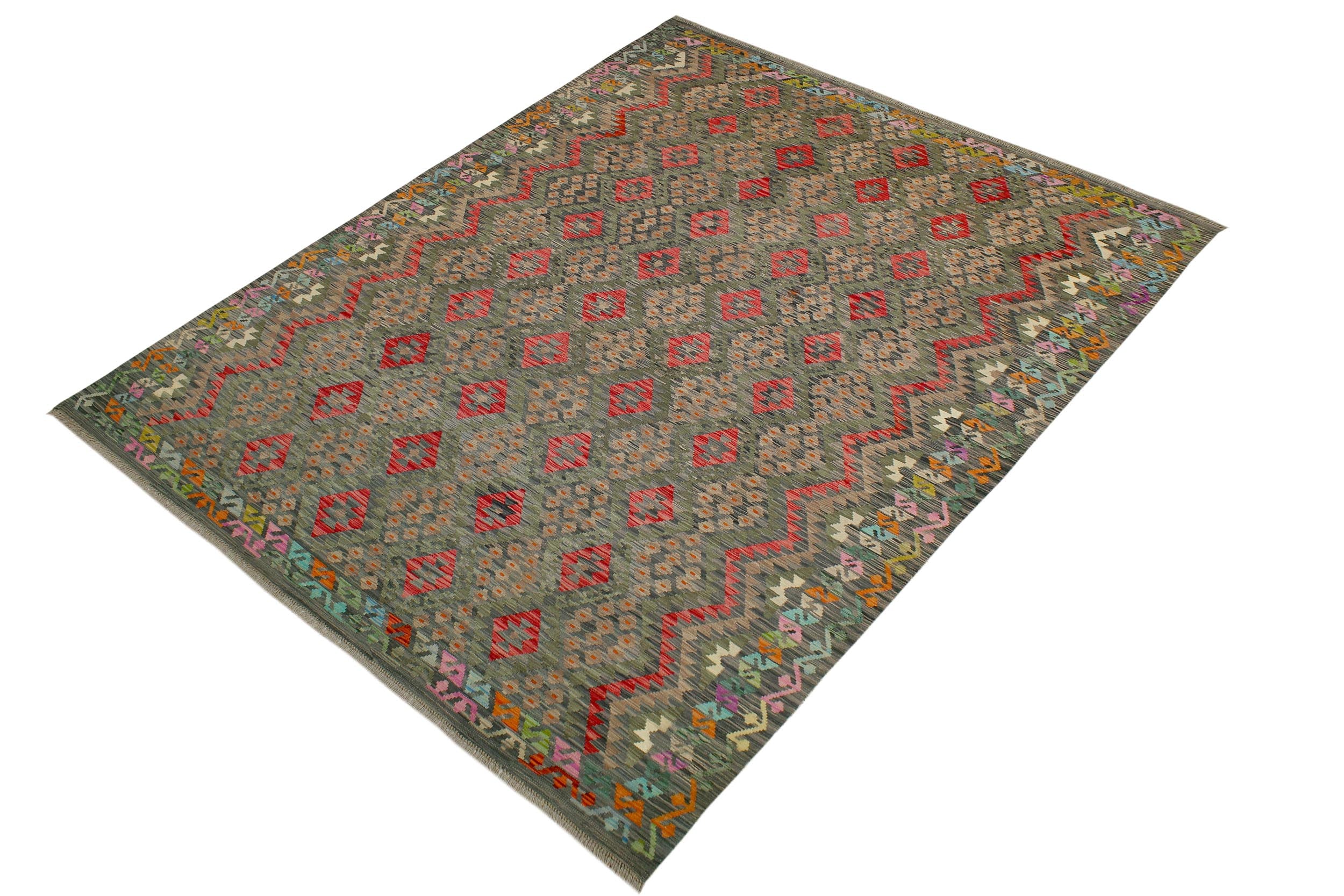 handmade Geometric Kilim Green Red Hand-Woven RECTANGLE 100% WOOL area rug 8 x 12
