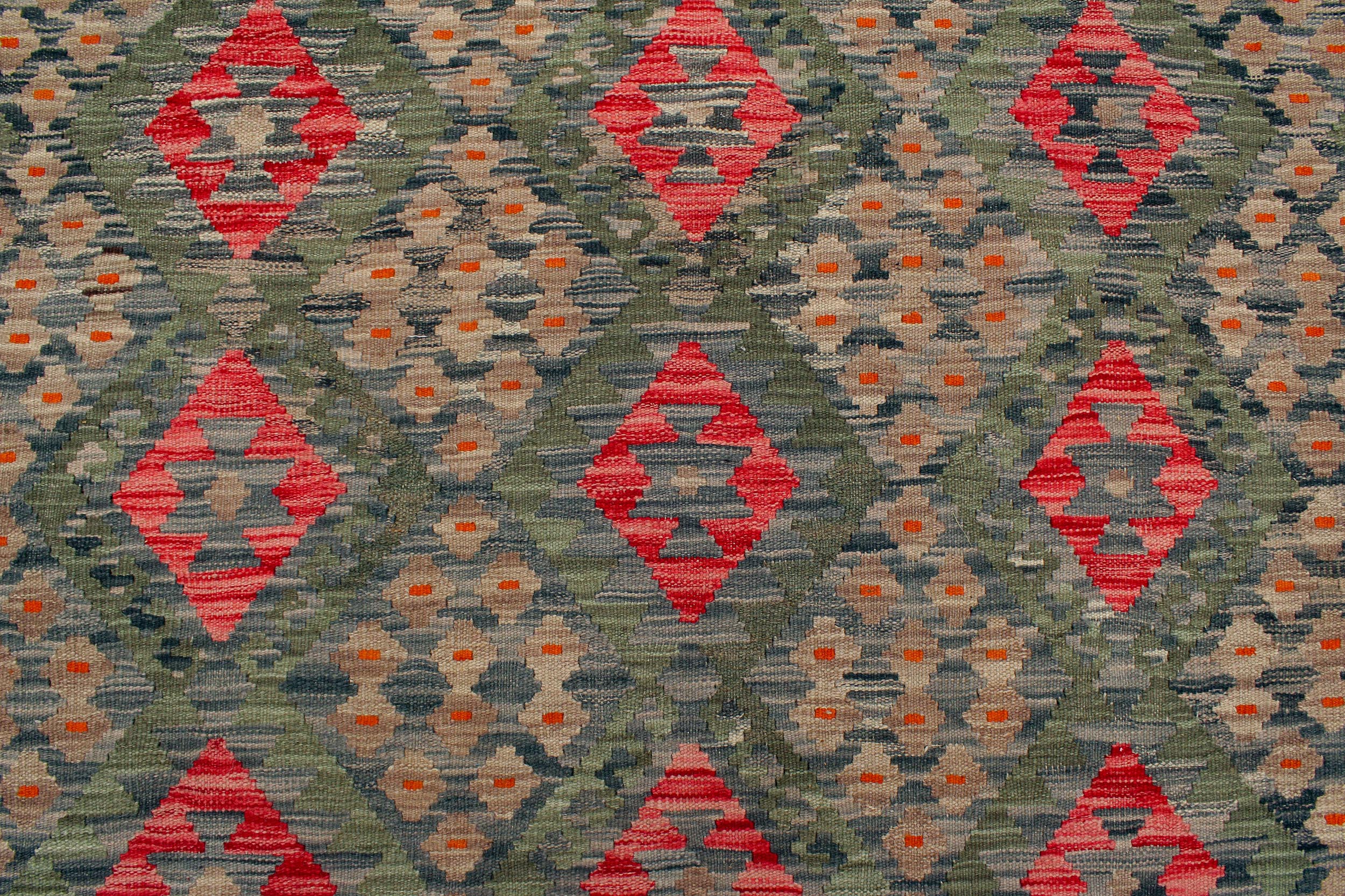 handmade Geometric Kilim Green Red Hand-Woven RECTANGLE 100% WOOL area rug 8 x 12