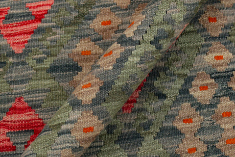 handmade Geometric Kilim Green Red Hand-Woven RECTANGLE 100% WOOL area rug 8 x 12