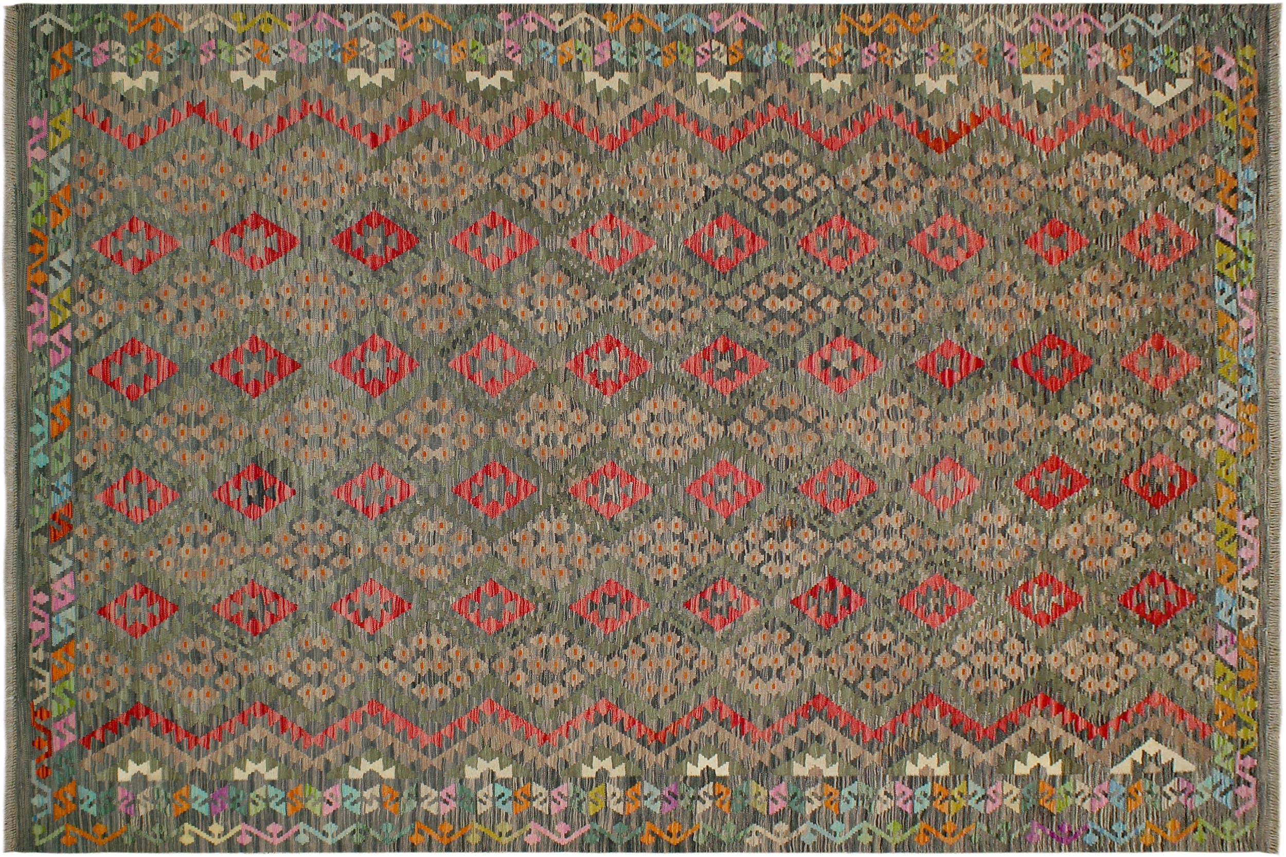 handmade Geometric Kilim Green Red Hand-Woven RECTANGLE 100% WOOL area rug 8 x 12