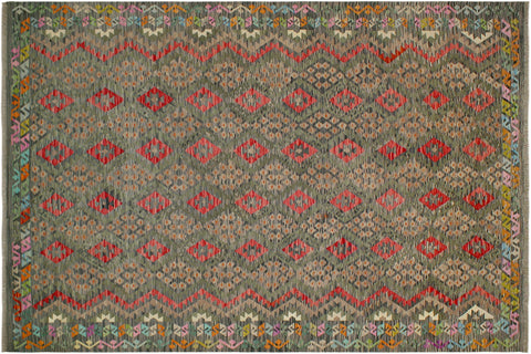 handmade Geometric Kilim Green Red Hand-Woven RECTANGLE 100% WOOL area rug 8 x 12