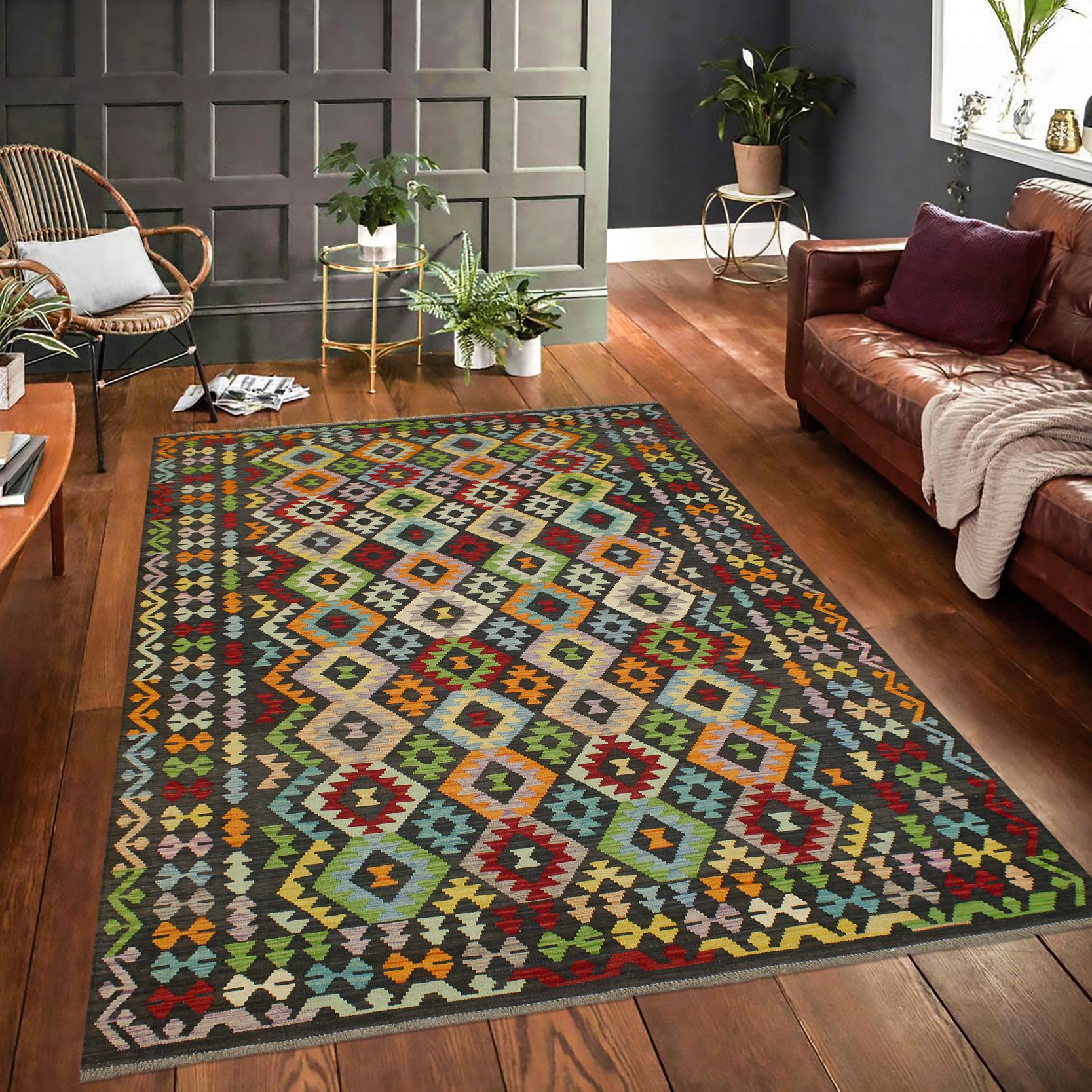 handmade Geometric Kilim Charcoal Rust Hand-Woven RECTANGLE 100% WOOL area rug 7 x 10