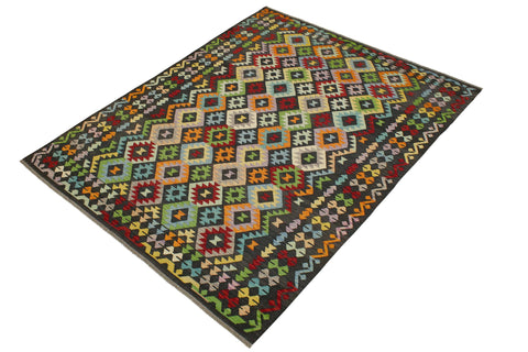 handmade Geometric Kilim Charcoal Rust Hand-Woven RECTANGLE 100% WOOL area rug 7 x 10