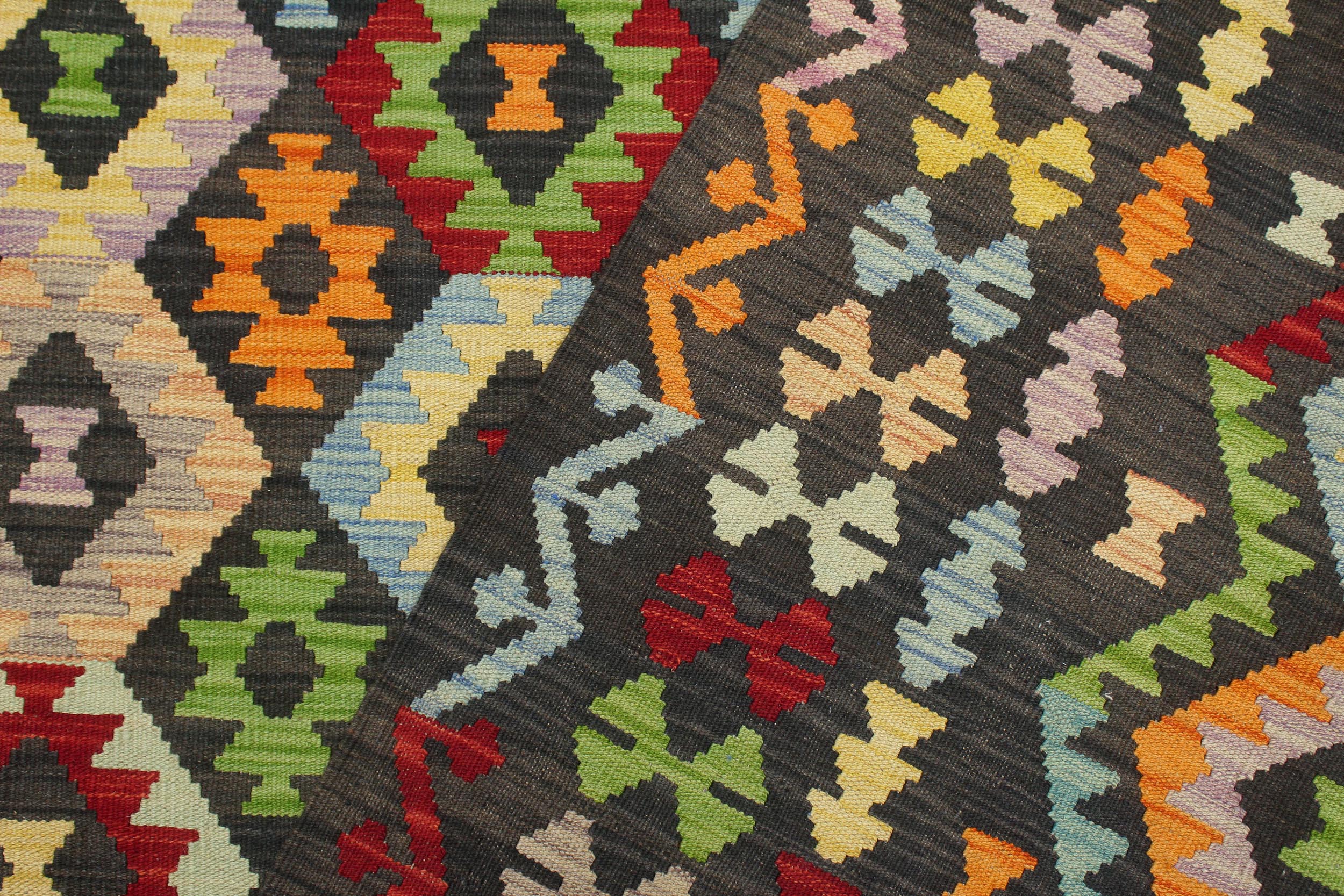 handmade Geometric Kilim Charcoal Rust Hand-Woven RECTANGLE 100% WOOL area rug 7 x 10