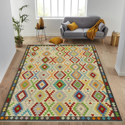 handmade Geometric Kilim Beige Charcoal Hand-Woven RECTANGLE 100% WOOL area rug 7 x 10