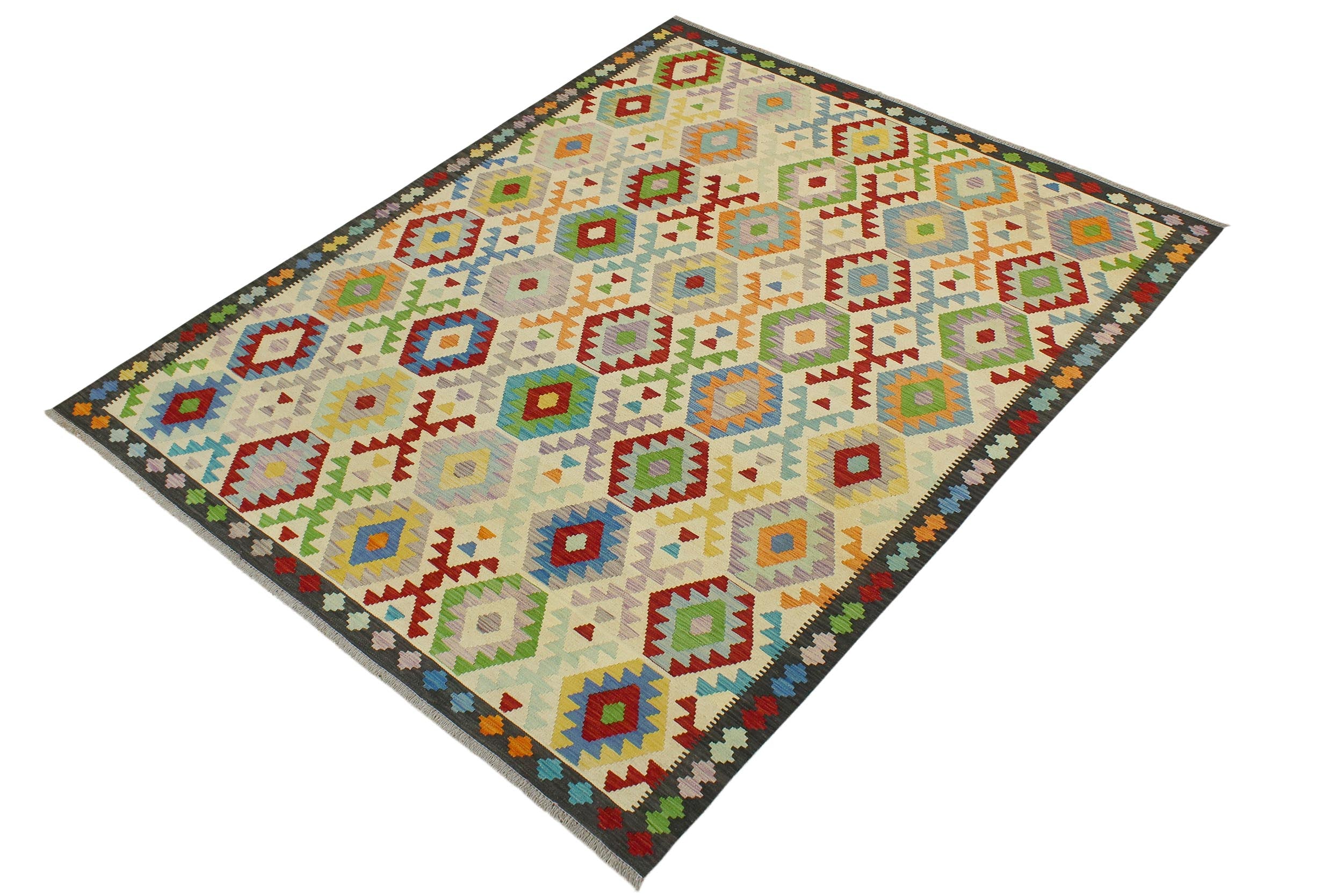 handmade Geometric Kilim Beige Charcoal Hand-Woven RECTANGLE 100% WOOL area rug 7 x 10