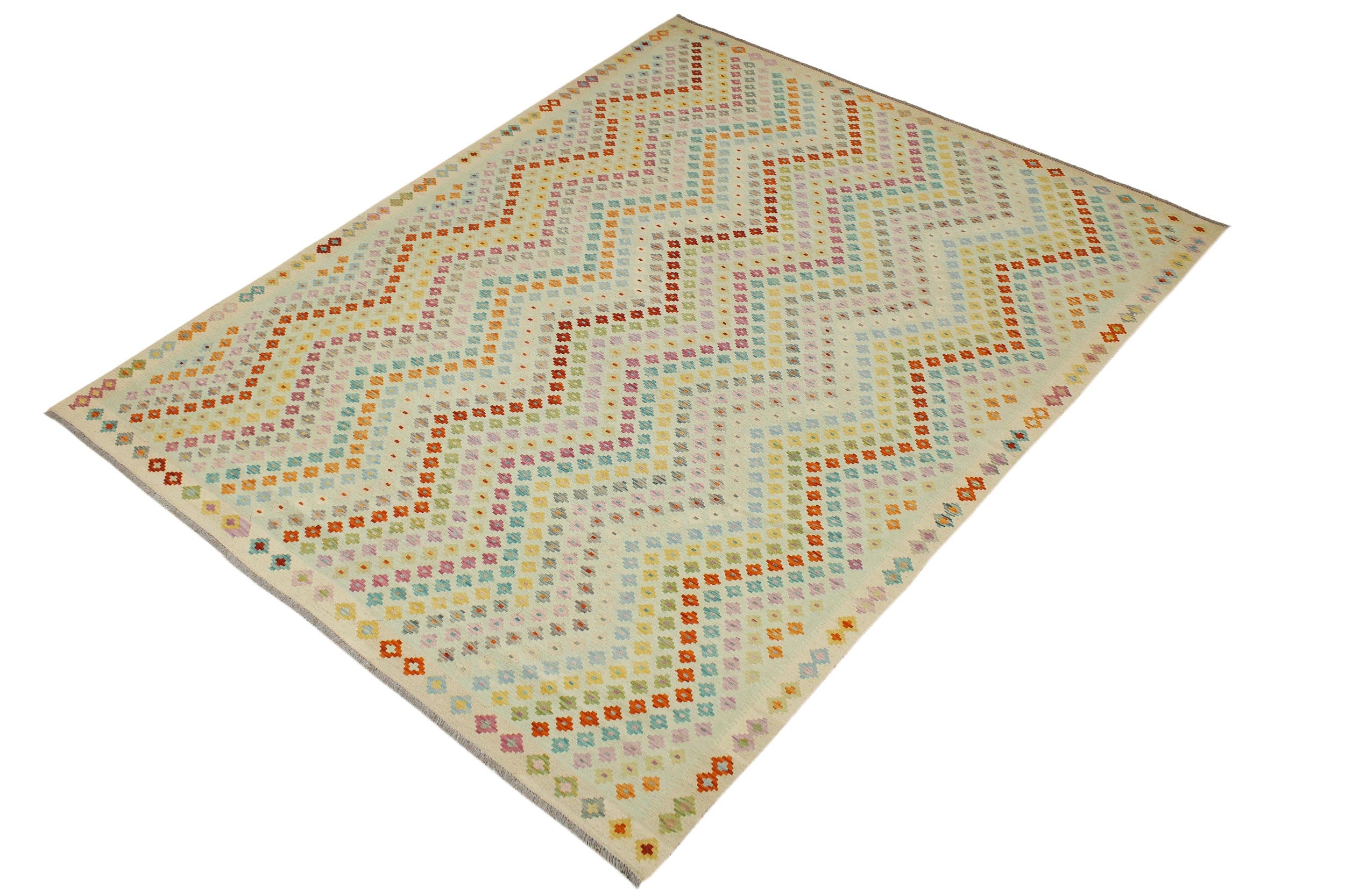 handmade Modern Kilim Blue Beige Hand-Woven RECTANGLE 100% WOOL area rug 9x11