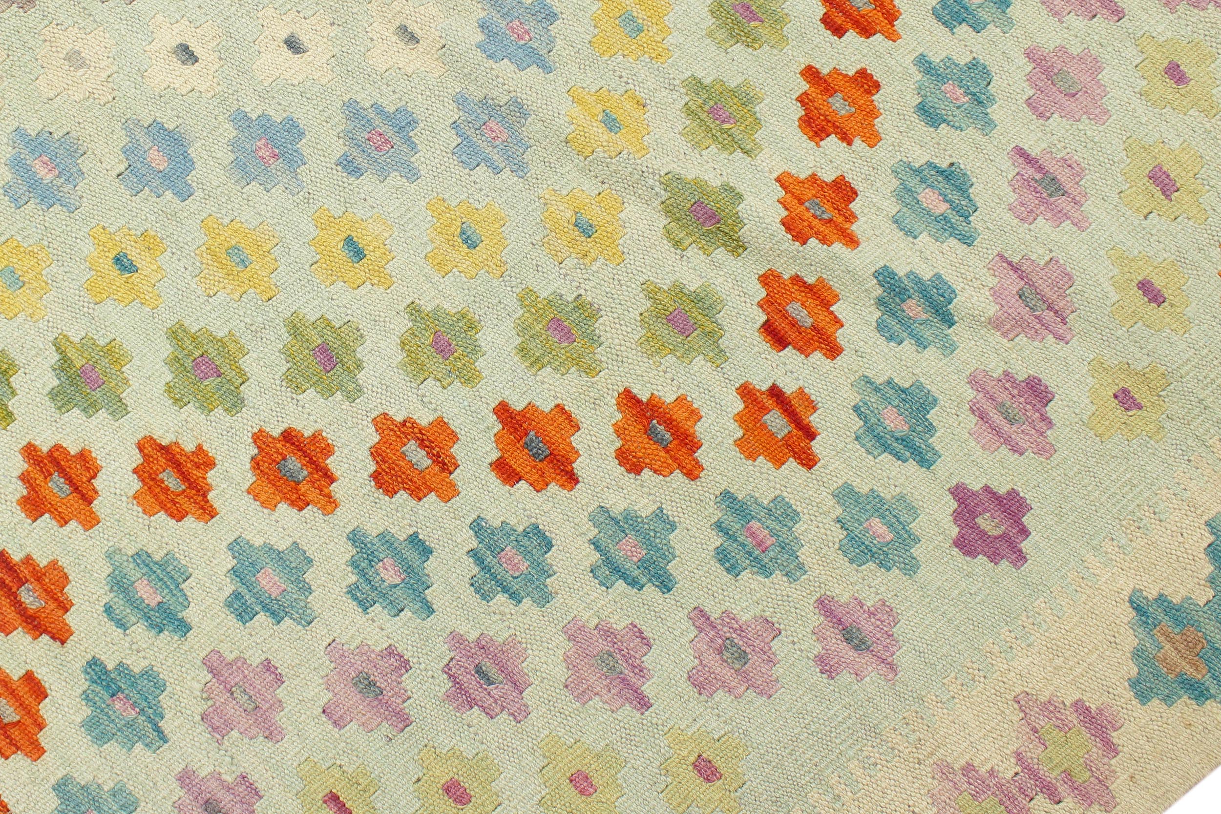 handmade Modern Kilim Blue Beige Hand-Woven RECTANGLE 100% WOOL area rug 9x11