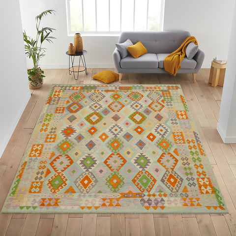 handmade Geometric Kilim Blue Rust Hand-Woven RECTANGLE 100% WOOL area rug 8 x 10