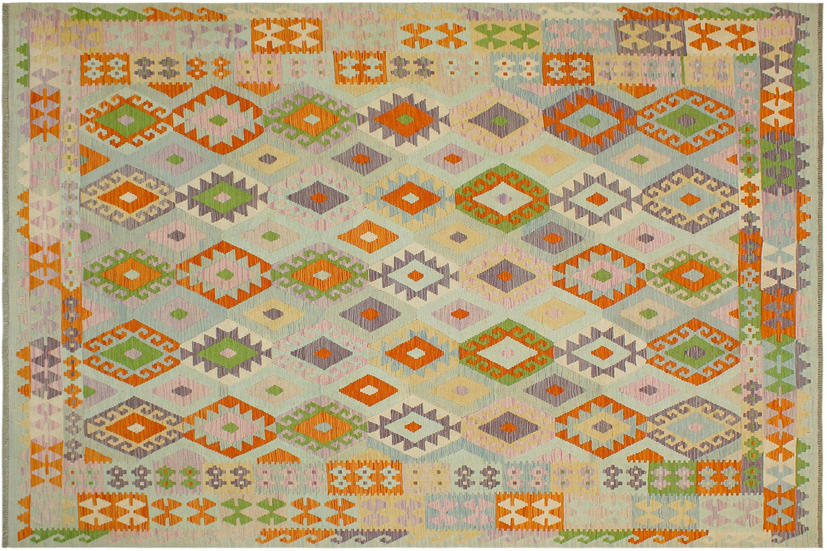 handmade Geometric Kilim Blue Rust Hand-Woven RECTANGLE 100% WOOL area rug 8 x 10