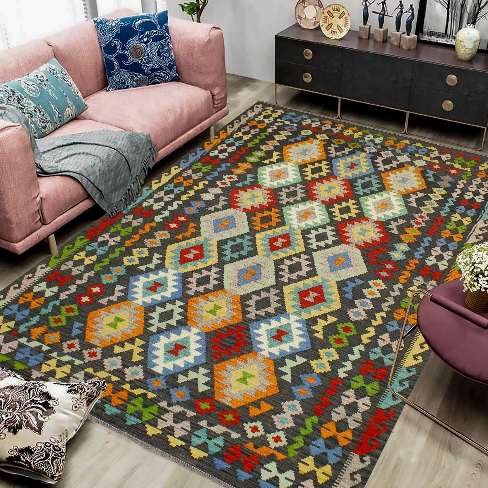 handmade Geometric Kilim Charcoal Rust Hand-Woven RECTANGLE 100% WOOL area rug 7 x 10