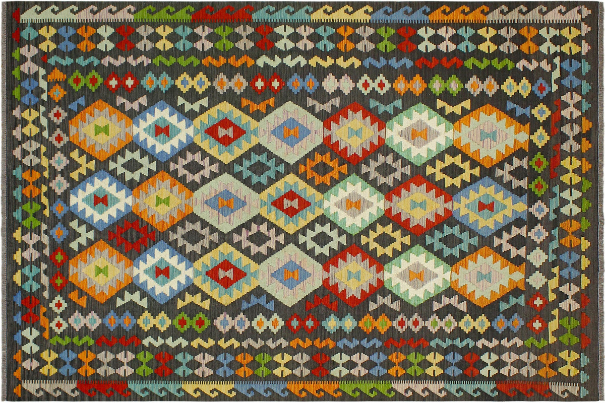handmade Geometric Kilim Charcoal Rust Hand-Woven RECTANGLE 100% WOOL area rug 7 x 10