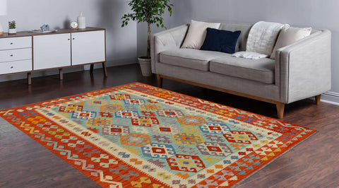 handmade Geometric Kilim Blue Rust Hand-Woven RECTANGLE 100% WOOL area rug 6 x 8