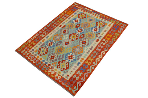 handmade Geometric Kilim Blue Rust Hand-Woven RECTANGLE 100% WOOL area rug 6 x 8