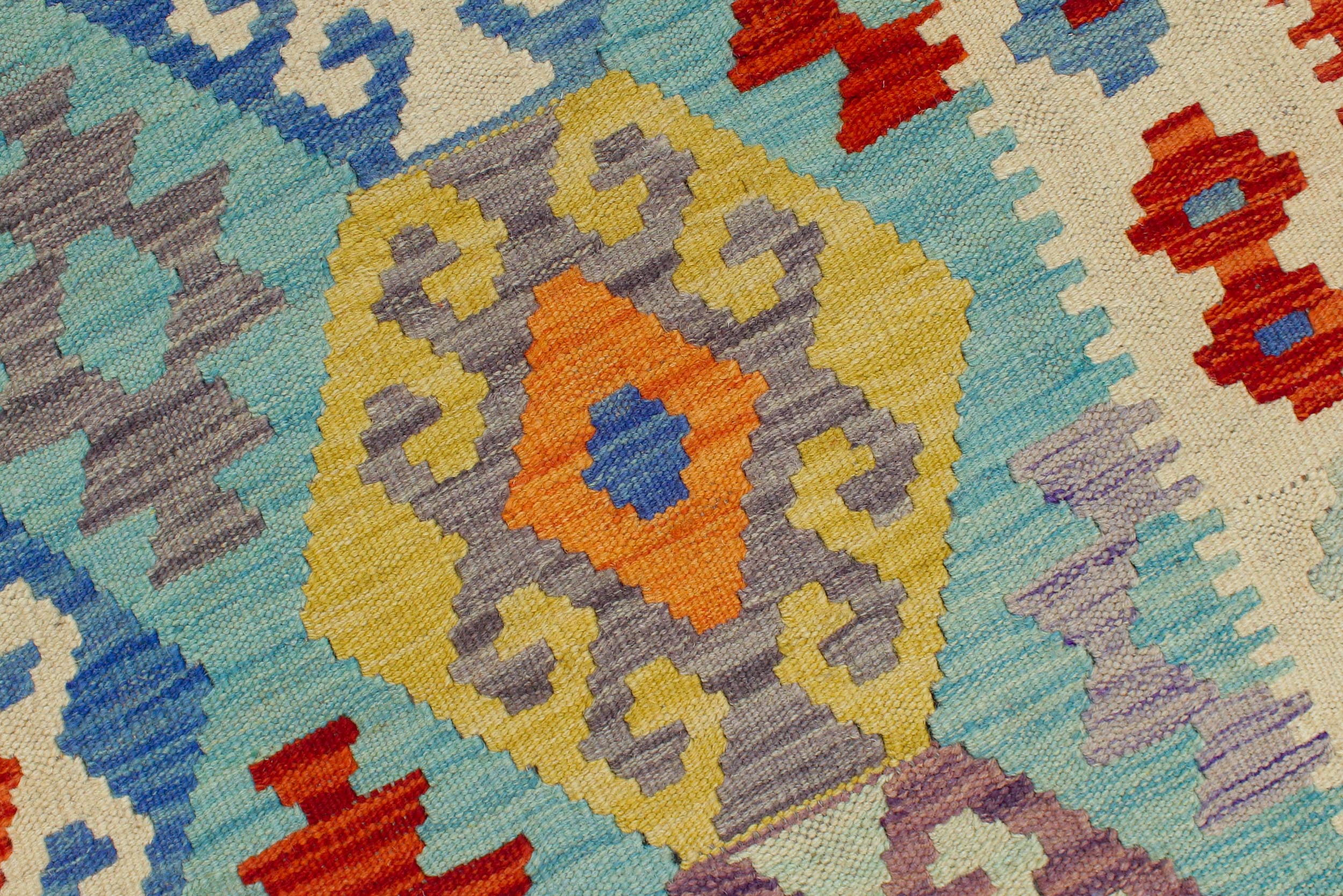 handmade Geometric Kilim Blue Rust Hand-Woven RECTANGLE 100% WOOL area rug 6 x 8