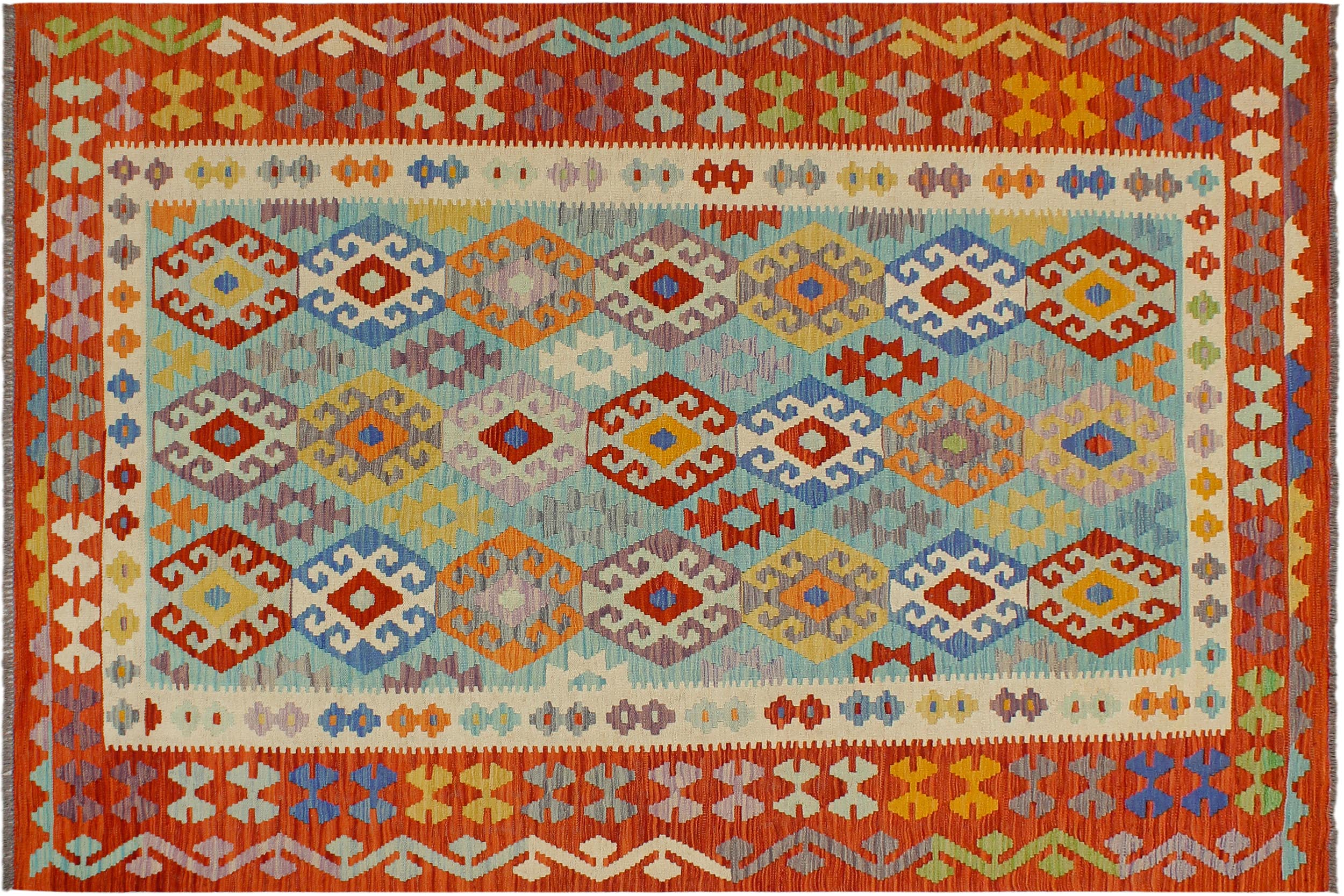 handmade Geometric Kilim Blue Rust Hand-Woven RECTANGLE 100% WOOL area rug 6 x 8