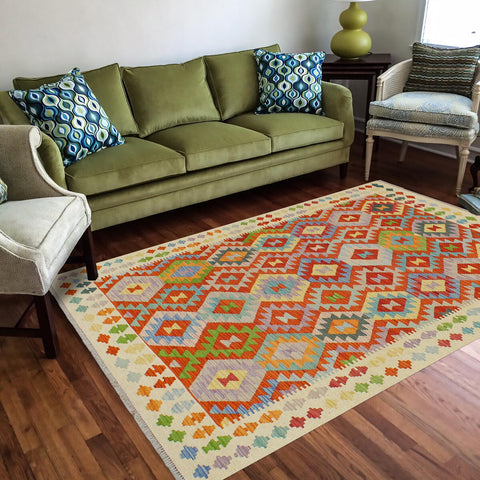 handmade Geometric Kilim Rust Beige Hand-Woven RECTANGLE 100% WOOL area rug 5 x 7