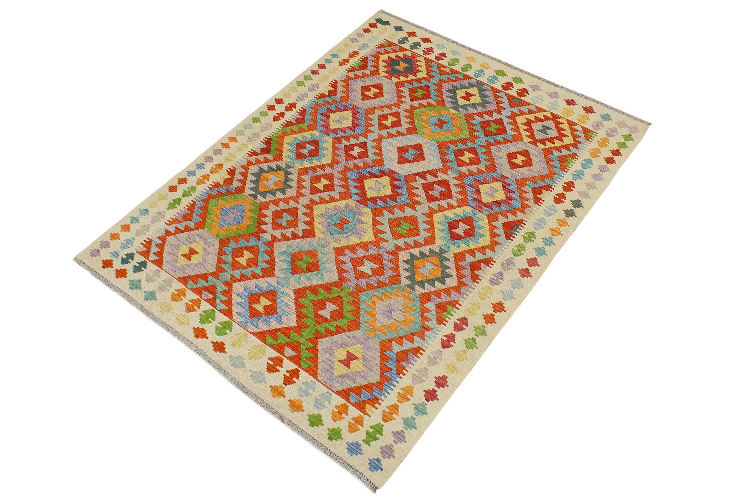 handmade Geometric Kilim Rust Beige Hand-Woven RECTANGLE 100% WOOL area rug 5 x 7